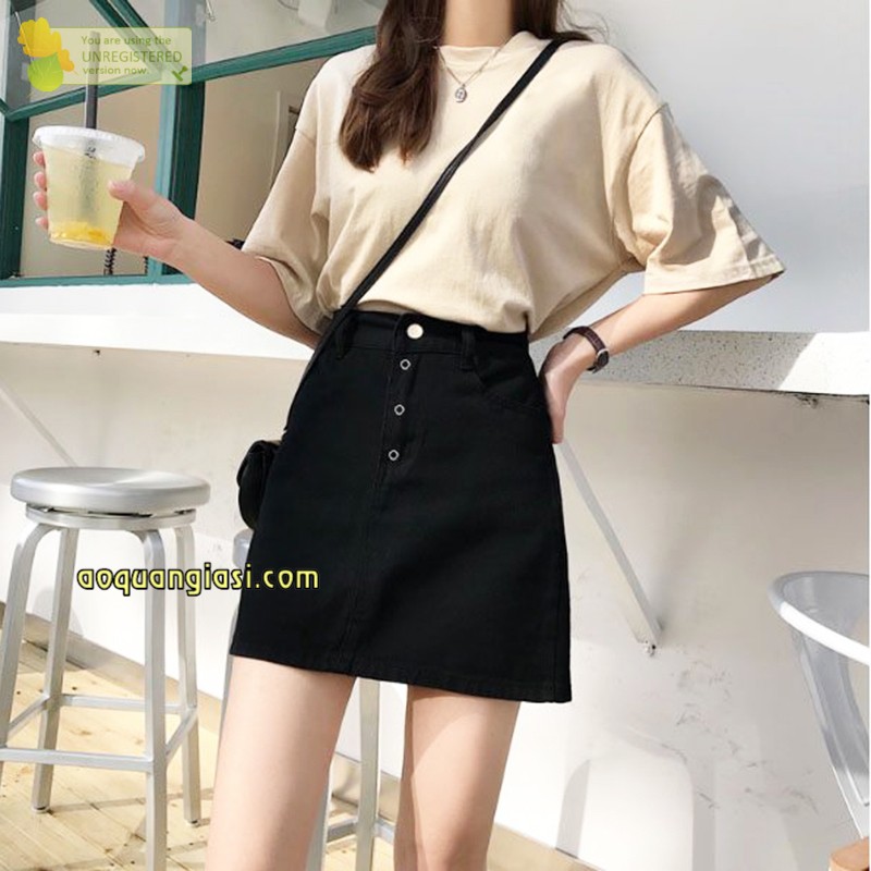 Chân váy kaki nữ 1 hàng khuy sắt + khoen màu đen size S,M,L AQGS MT901 rẻ đẹp hàn quốc chuẩn store freeship 50k | BigBuy360 - bigbuy360.vn