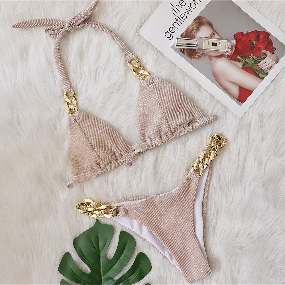Bộ Đồ Bơi Bikini Phối Dây Xích Màu Vàng Kim Phong Cách Âu Mỹ Hàng Mới Quyến Rũ Dành Cho Nữ