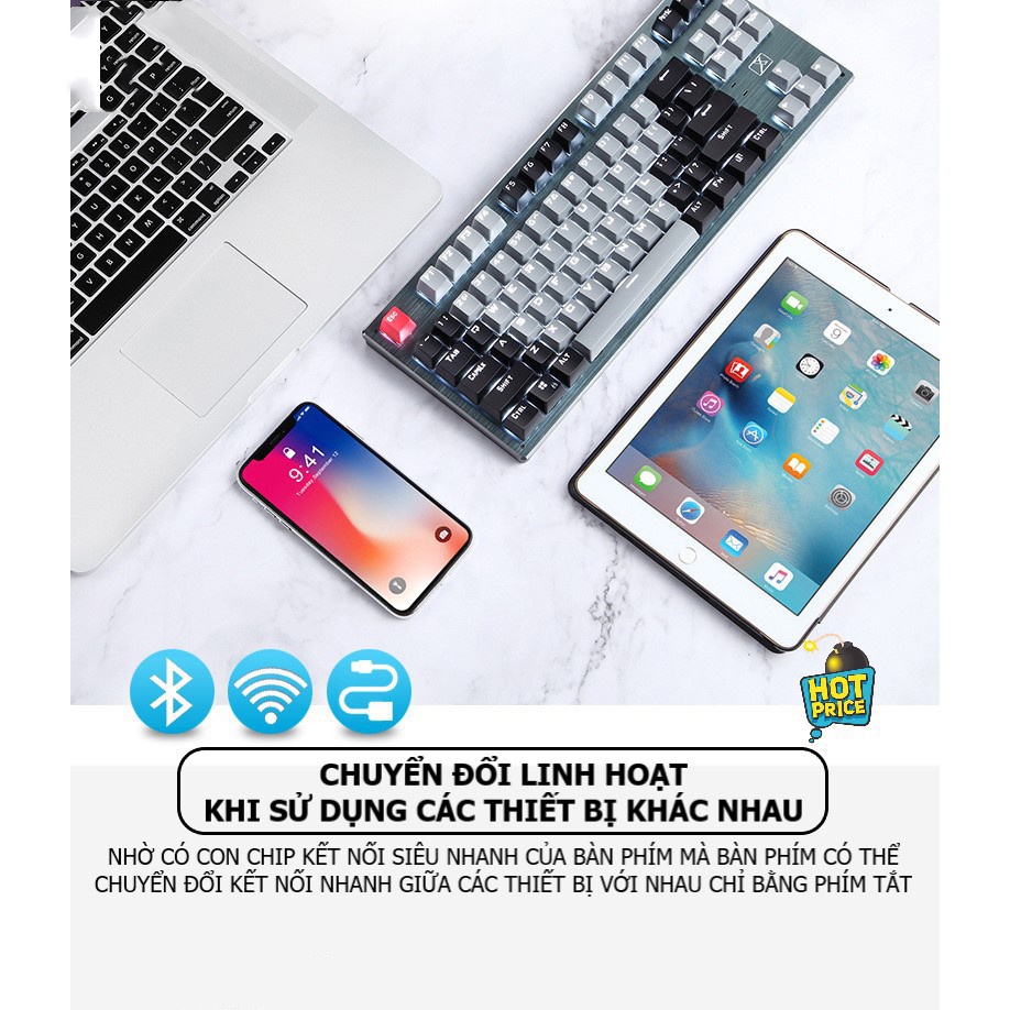 Bàn phím CƠ Bluetooth Không Dây Pin Sạc RF87 LED đẹp, phím blue switch cho máy tính pc laptop, điện thoại, máy tính bảng