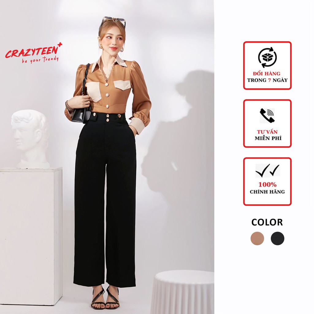 Quần ống suông nữ CRAZYTEEN phối nút sang trọng Q0002