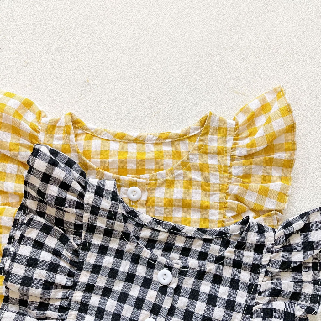 Bộ Áo Liền Quần Sọc Caro Không Tay + Băng Đô Cho Bé Gái Sơ Sinh