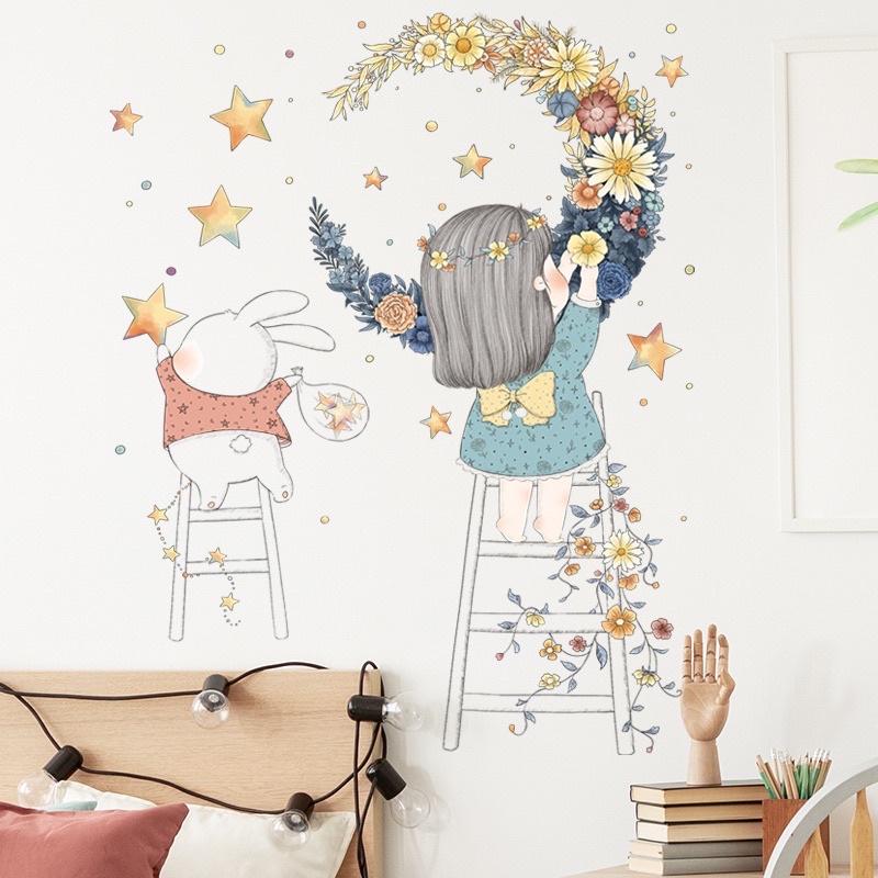 Decal Dán tường mẫu CÔ GÁI ĐAN HOA ( kèm kích thước trên ảnh )