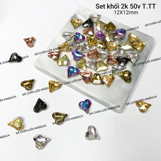 Set đá khối trái tim chân vàng mix màu 50 viên siêu sáng trang trí móng. mã: sdk2k50-tt