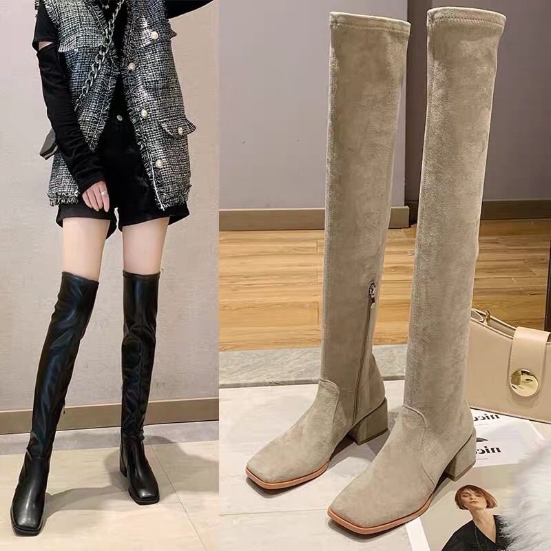 Bốt đùi nữ da lộn lót lông mũi vuông gót cao 5cm có khoá cạnh
