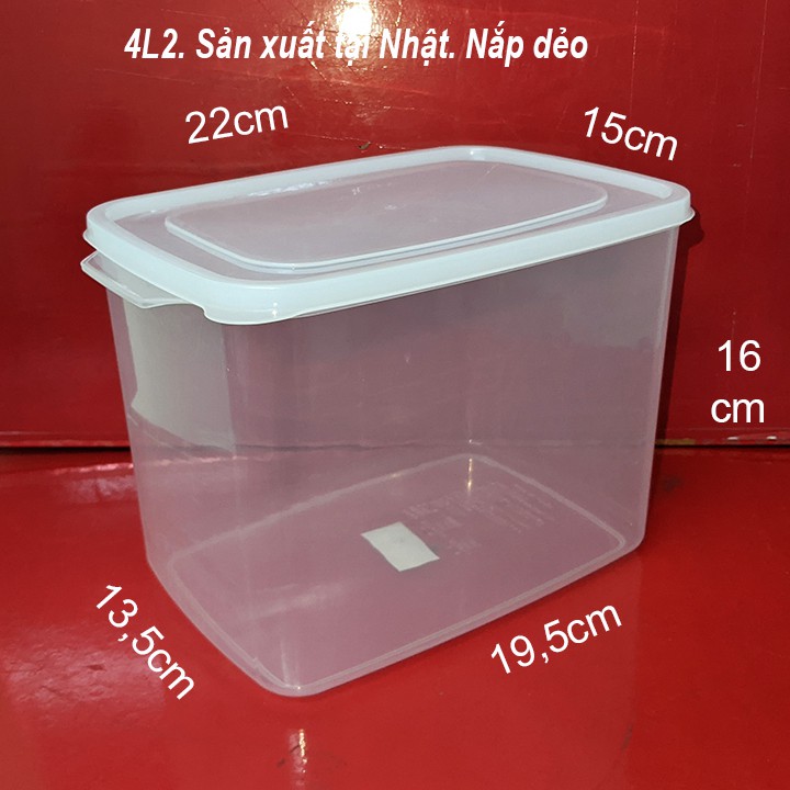 Hộp nhựa đựng thực phẩm trong suốt 4L2, có nắp dẻo, kích thước 22x15cm cao 16cm Nhật sx. D444