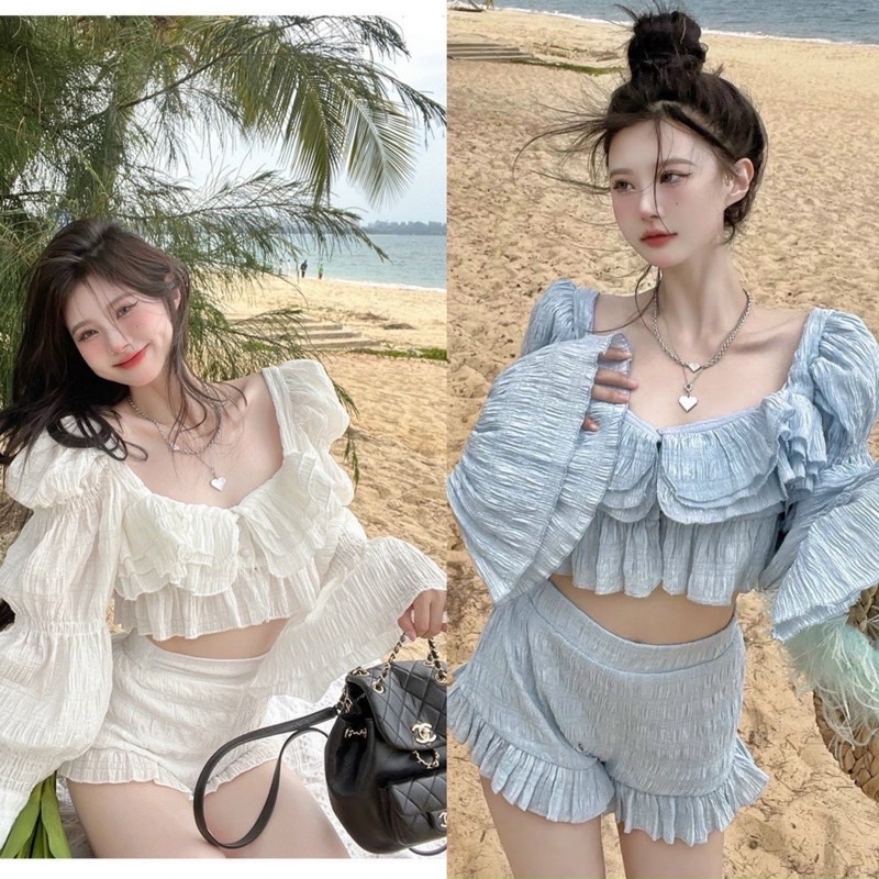 Set áo bèo tầng tay dài quần short đũi xốp siêu phẩm đi biển xanh trắng