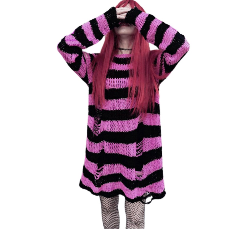 Áo Sweater Tay Dài Dáng Rộng Họa Tiết Kẻ Sọc Phong Cách Gothic Punk Thời Trang Cho Nữ 10mk | BigBuy360 - bigbuy360.vn