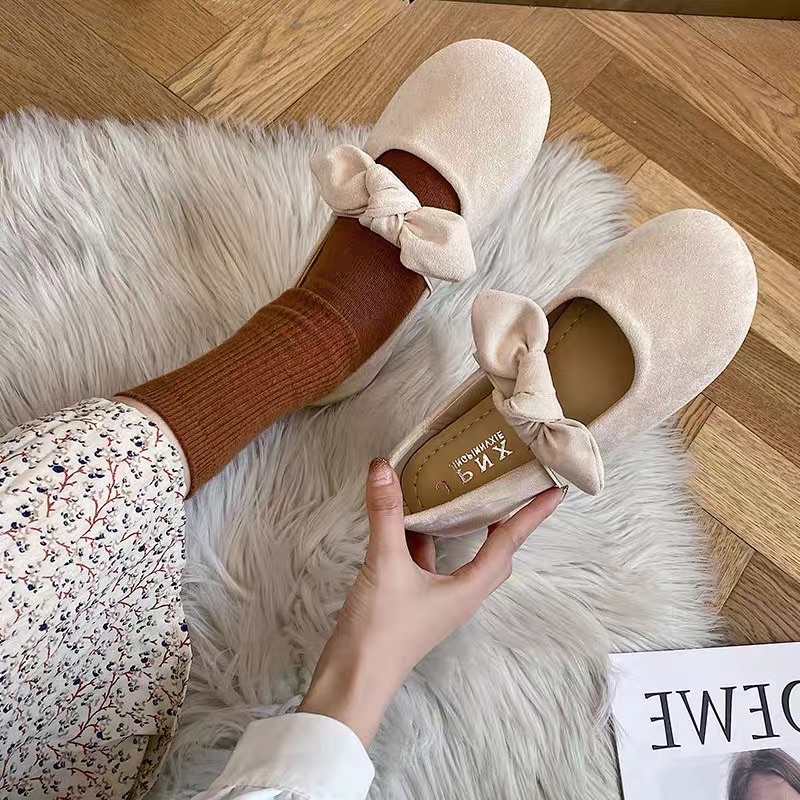 𝖙𝖍𝖊 𝖇𝖑𝖚𝖊 - CÓ SẴN Giày búp bê quai nơ da lộn phong cách nữ sinh Hàn Quốc