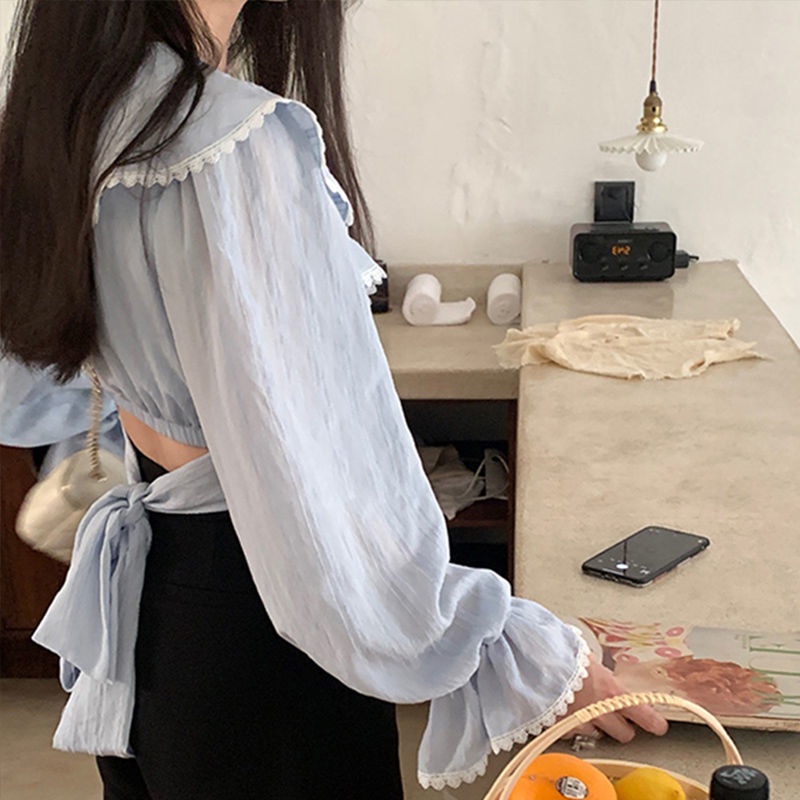 Ao babydoll Áo Thun Tay Dài Dáng Ôm Ngắn Phong Cách Pháp Thời Trang Mùa Thu Nhẹ Nhàng Niche Lac