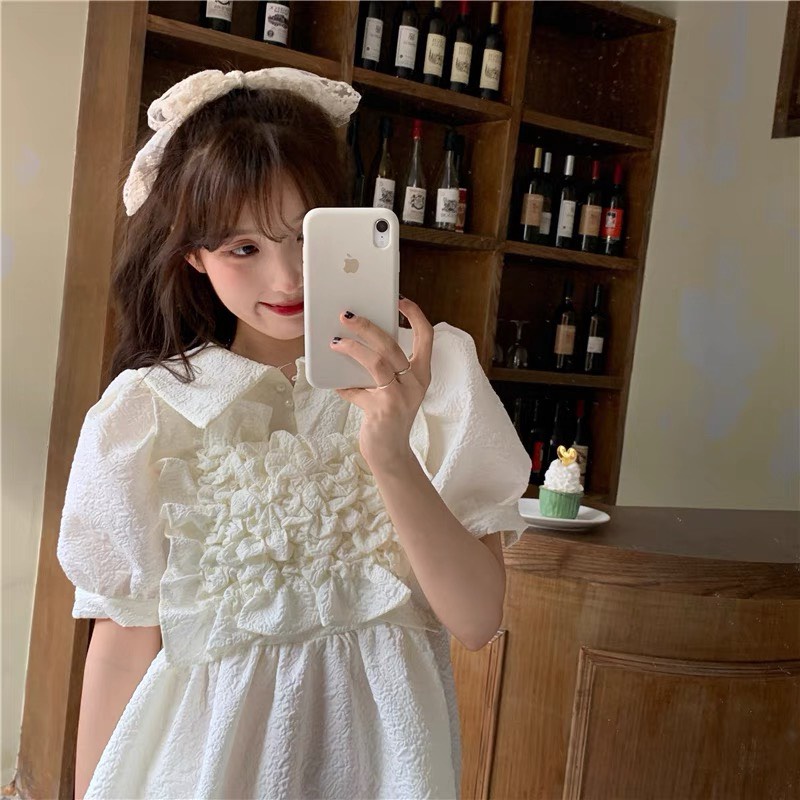 Đầm babydoll tay phồng bèo ngực kiểu Hàn Quốc xòe dễ thương , váy babydoll trắng tay phồng - Florence dressl