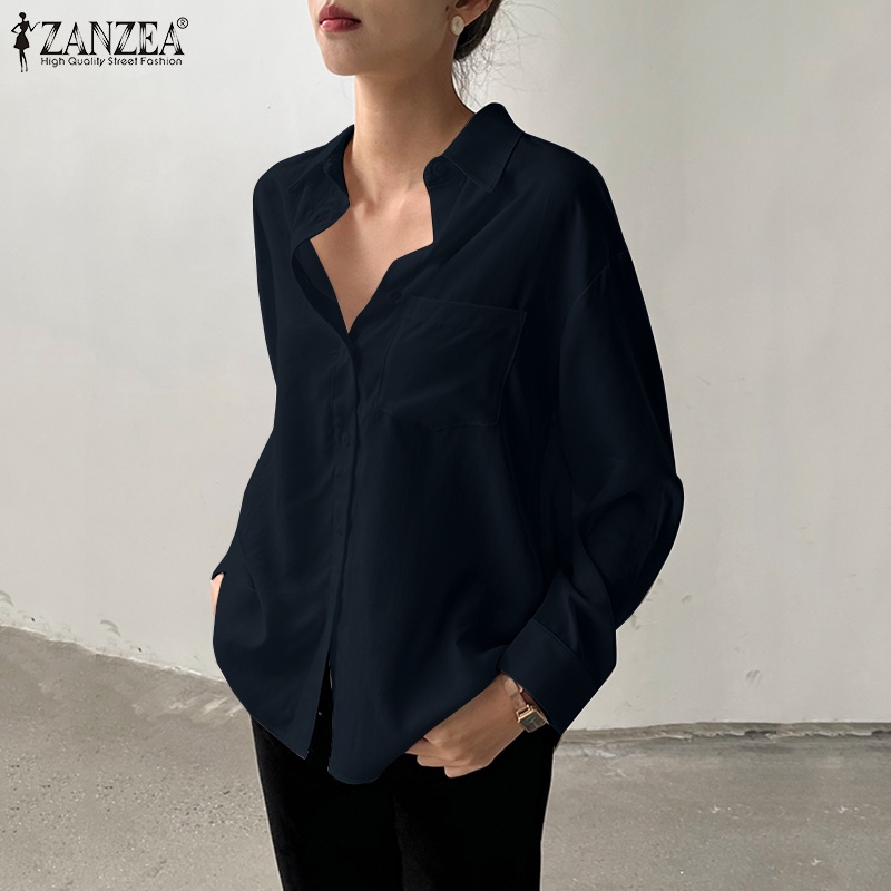 Áo sơ mi ZANZEA dài tay màu trơn dễ phối đồ thời trang thanh lịch cho nữ