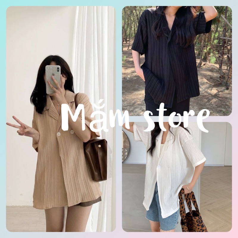 Áo sơ mi cổ vest oversize trơn 2 cúc 3 màu be - trắng - đen