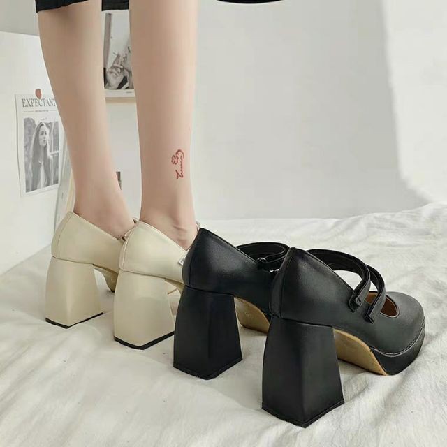 Giày cao gót Mary Jane mũi vuông đế cao 9cm 2 quai cài thanh lịch cổ điển