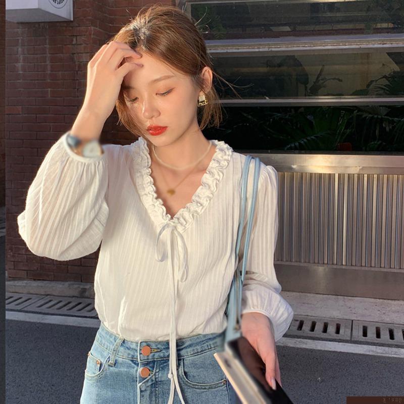 Áo sơ mi nữ tay dài cổ chữ V màu sắc ngọt ngào