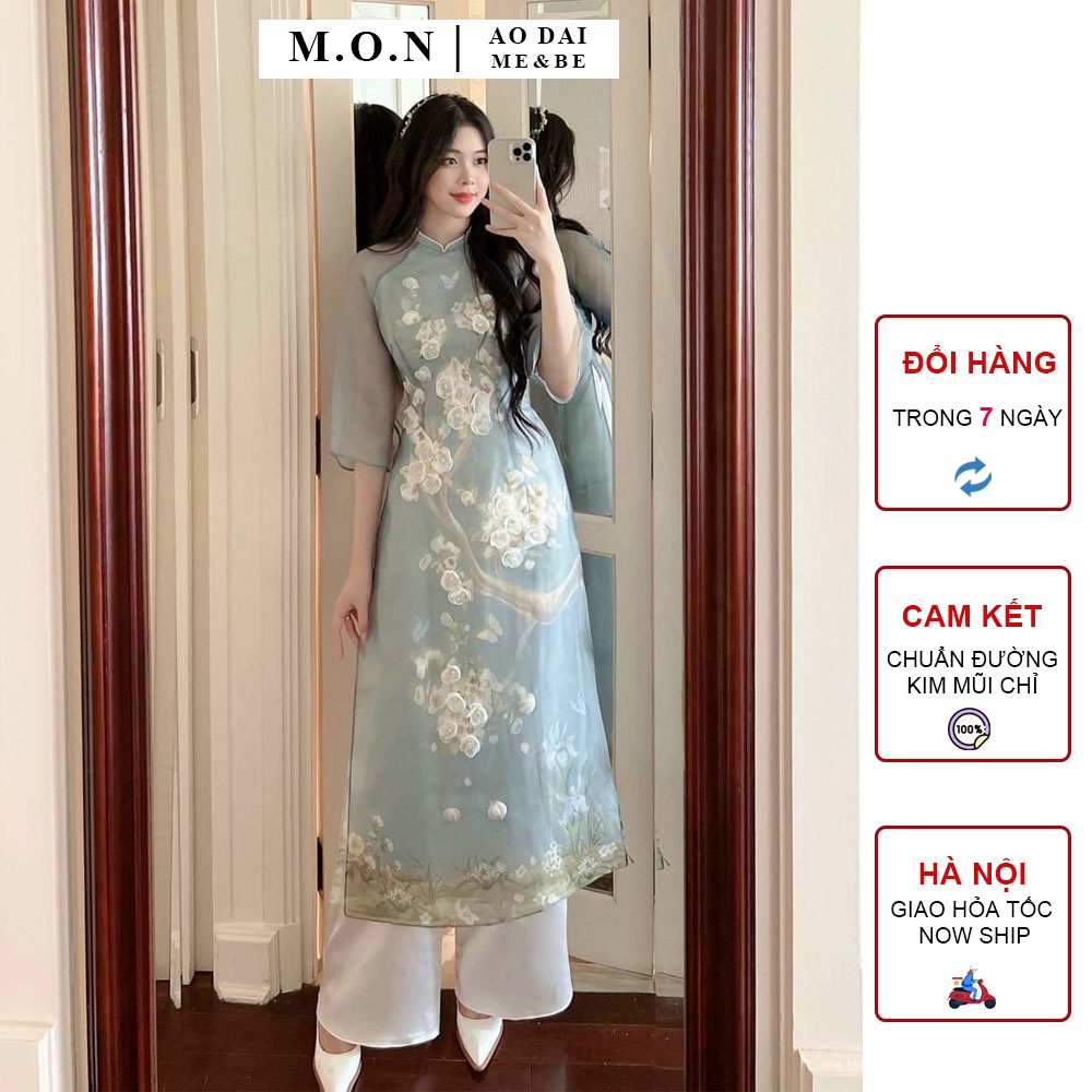 Áo Dài Cách Tân Nữ Xanh Ngọc Đào 4 Tà Đính Kết Nổi Cao Cấp