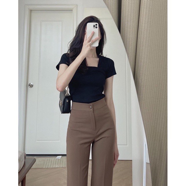 Áo thun nữ tay ngắn cổ vuông chất thun gân co dãn kiểu ôm body phong cách trẻ trung