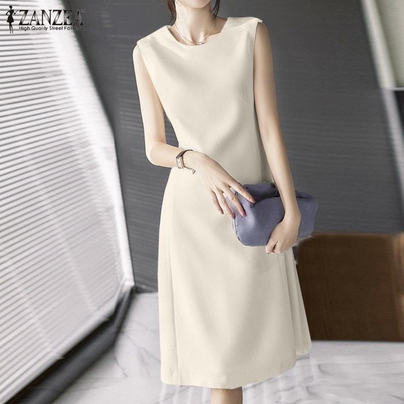 Đầm ZANZEA không tay màu trơn có túi và khóa kéo sau lưng thời trang vintage cho nữ