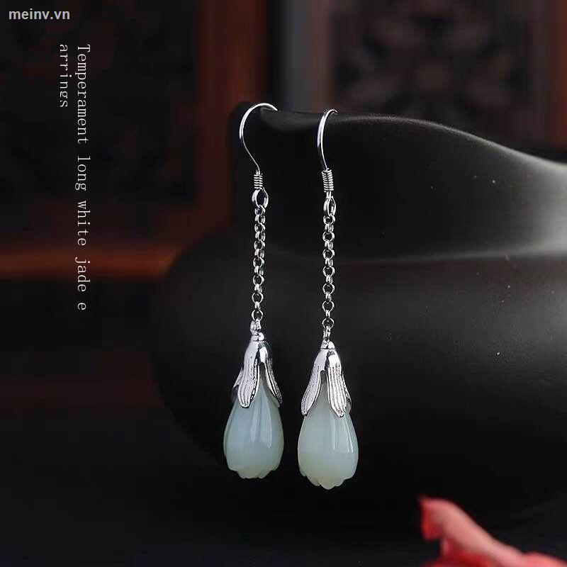 Hoa Tai Dáng Dài Mạ Bạc 925 Hình Hoa Mộc Lan Đính Ngọc Bích Thời Trang