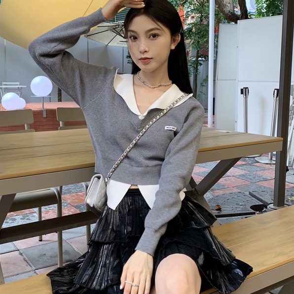 【Hana and Alice】Đầm Dệt Kim Tay Dài Cổ Chữ V Lưng Cao Giả Hai Lớp Thời Trang Trẻ Trung