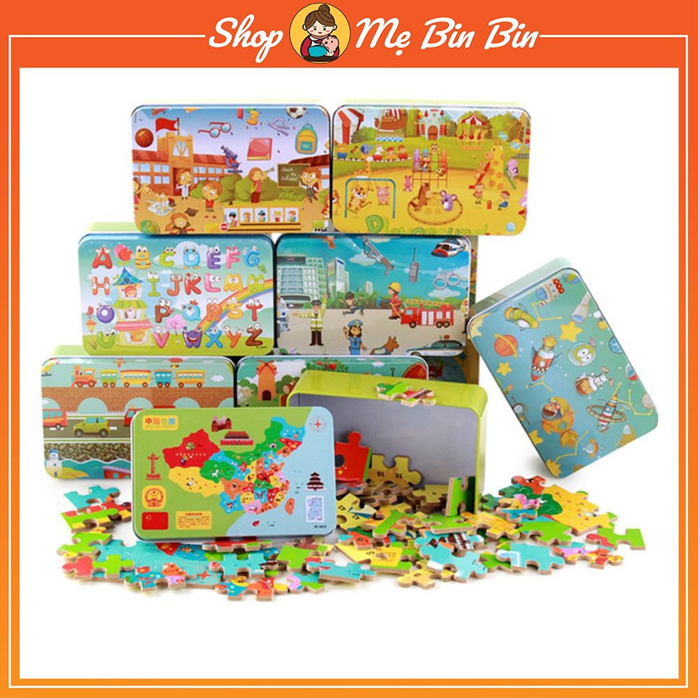Bộ đồ chơi ghép hình cho bé 60 mảnh hộp sắt – Đồ chơi xếp hình gỗ cho bé giúp phát triển tư duy (tranh ghép gỗ cho bé)