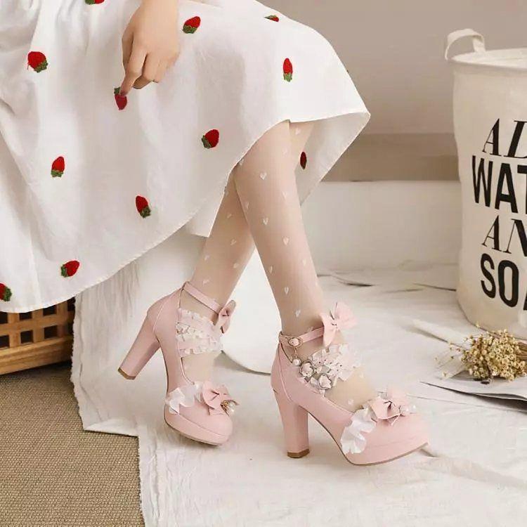 Giày Cao Gót Mũi Tròn Đế Dày Thời Trang Lolita Hàn Quốc 2022 plus