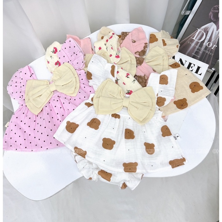 Bộ Xô Muslin nơ ngực dễ thương cho bé từ 5-13kg