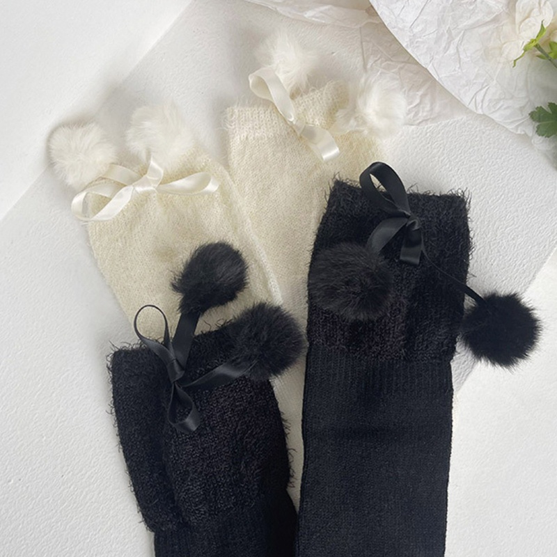 Tất đầu gối bắp chân giả len dệt kim nơ satin bóng nhung phong cách lolita dễ thương cho nữ sinh đi giày bốt