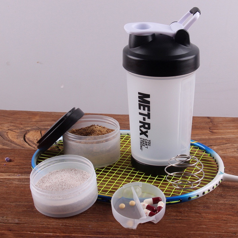 Bình nước xịn  bình lắc, shaker thể thao, tập gym 450ml có quả lắc lò xo có hộp chia ngăn đựng whey