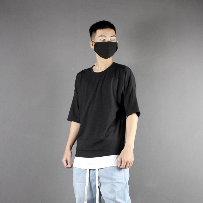 Áo thun cotton nam over size, Unisex ,phối layer vạt trắng Lexuza 126