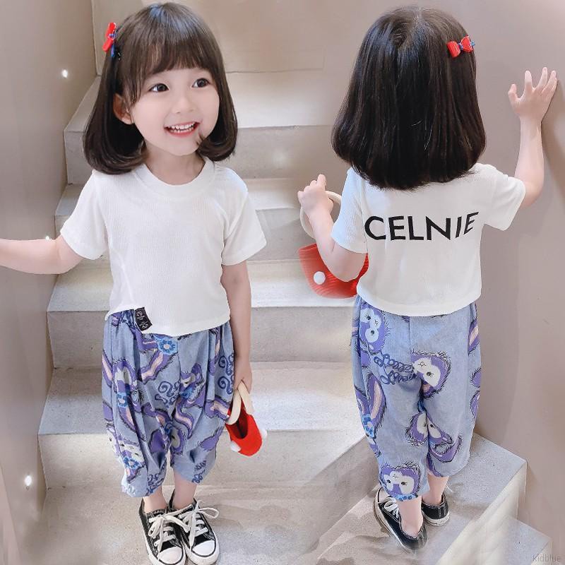 Bộ đồ áo tay ngắn cổ tròn và quần dáng rộng họa tiết hoạt hình phong cách Hàn Quốc xinh xắn cho bé gái