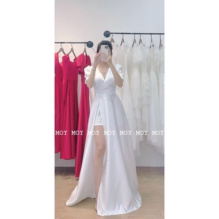 Váy dài phi xẻ cổ V đắp - Váy thiết kế cao cấp