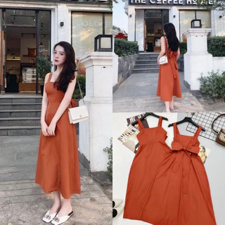 V673 Đầm maxi 2 dây bản to cột nơ lưng dáng xòe dài tone màu cam cháy tôn da