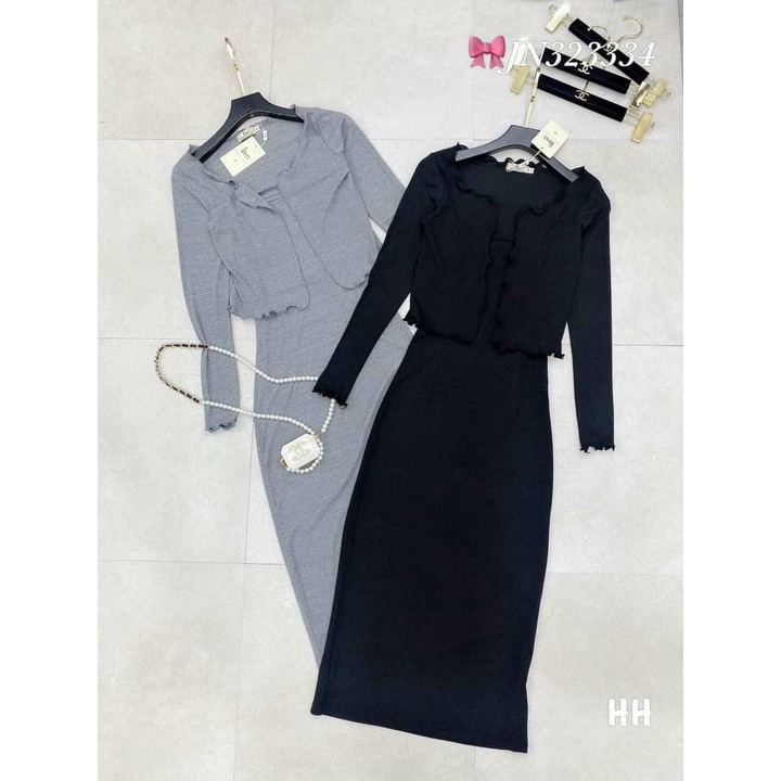 Set đầm body hai dây dáng dài kèm áo khoác chất thun mềm mịn mặc đi chơi, đi tiệc hay đi làm đều đẹp