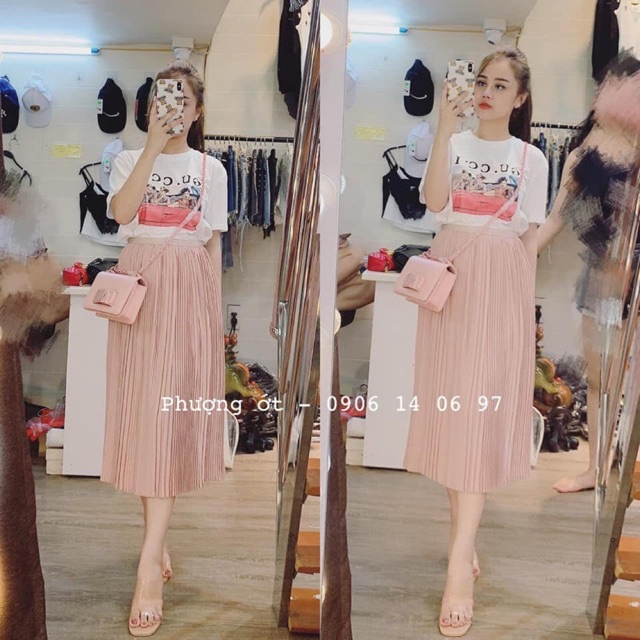 Set áo thun Gu cci + chân váy maxi hồng dập li (kèm ảnh thật)