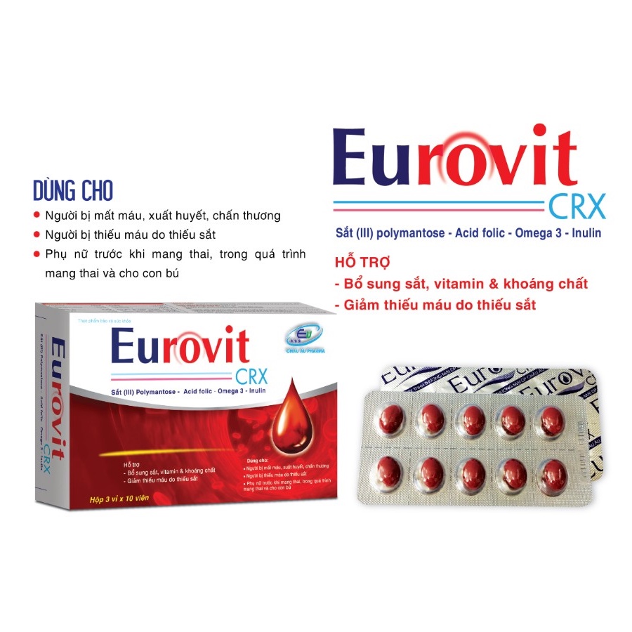 Viên Bổ Máu Eurovit – Bổ Sung Sắt III – Acid Folic – Không Nóng, Không Táo Bón – Bổ Sung Sắt Cho Các Đối Tượng, Hộp 30V