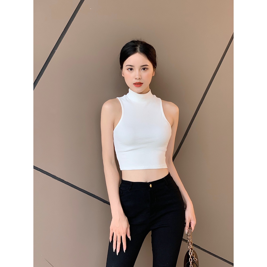 Áo croptop nữ sát nách nữ trơn Mugung sát nách cổ lọ thun co giãn form basic