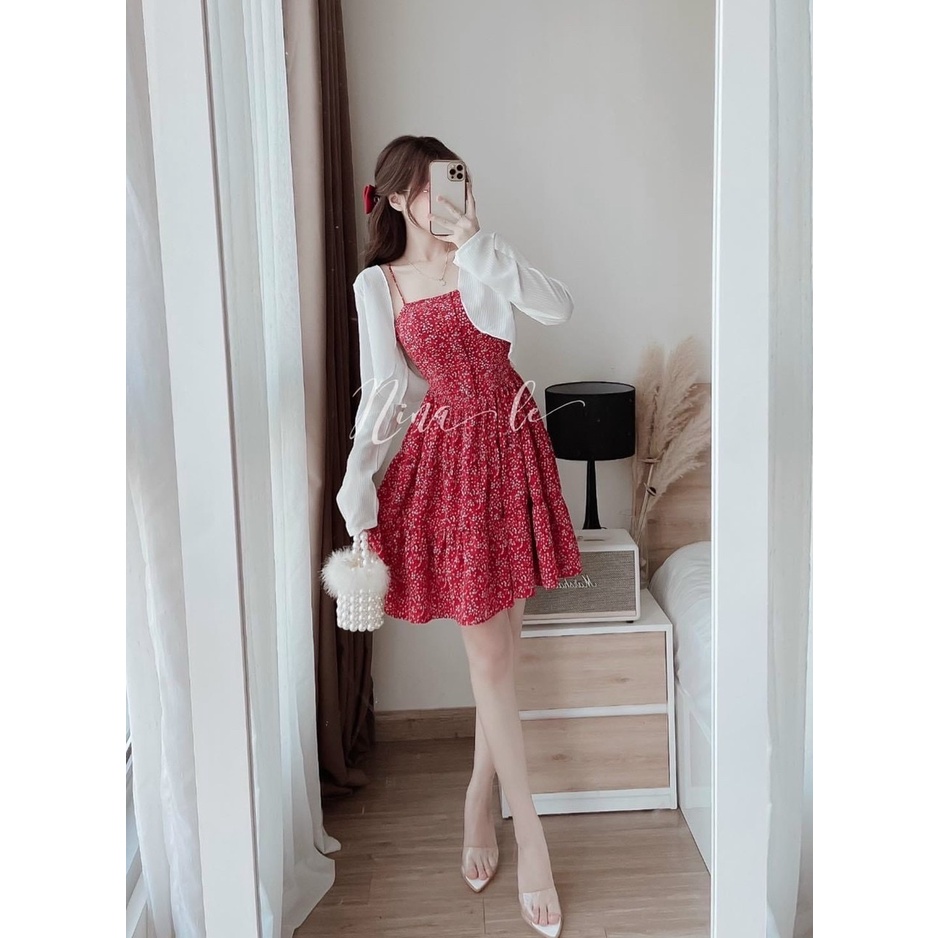 Set bộ đầm 2 dây in hoa dáng xòe ( có mút ngực ) kèm áo khoác trắng sang chảnh