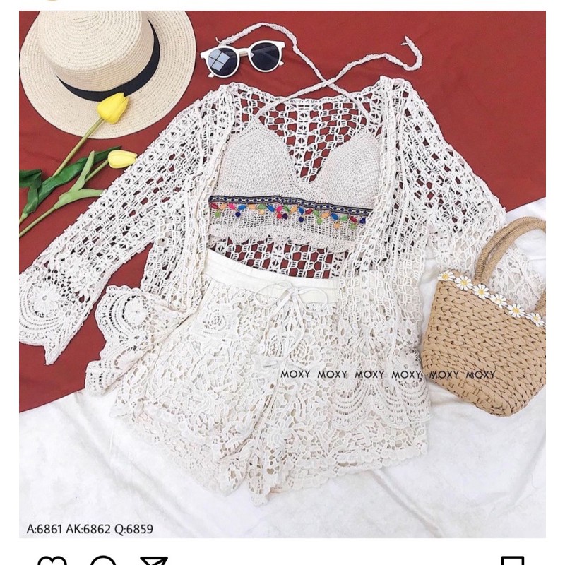 Set biển hot 2020 - set 3 món - bra mix ngọc + quần ren hoa hồng cạp rút + choàng ren hoa tay sóng điệu đà (có tách rời)