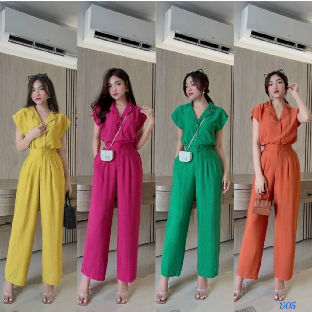 Set bộ 2 món áo và quần đi chơi phong cách cá tính sang trọng với quần dài ống suông lưng cao kèm áo sơ mi ngắn tay