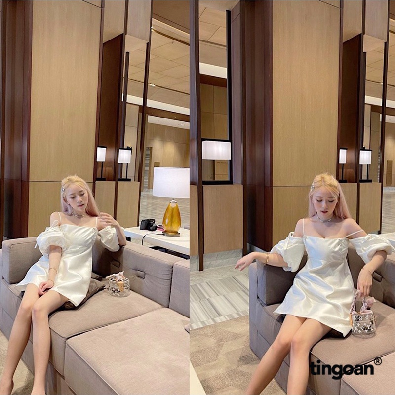 TINGOAN® - Váy hai dây gấm trễ vai buộc nơ tay 2 lớp họa tiết vải in vân hoa kèm cài nơ kim loại trắng tingoan BOWIE CRY
