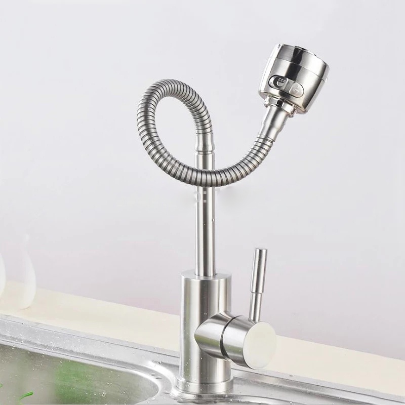 Vòi rửa bát nóng lạnh inox 304 trắng mờ cao cấp loại cần mềm xoay 360 độ, 2 chế độ xả nước siêu bền chống gỉ - Đủ Dây