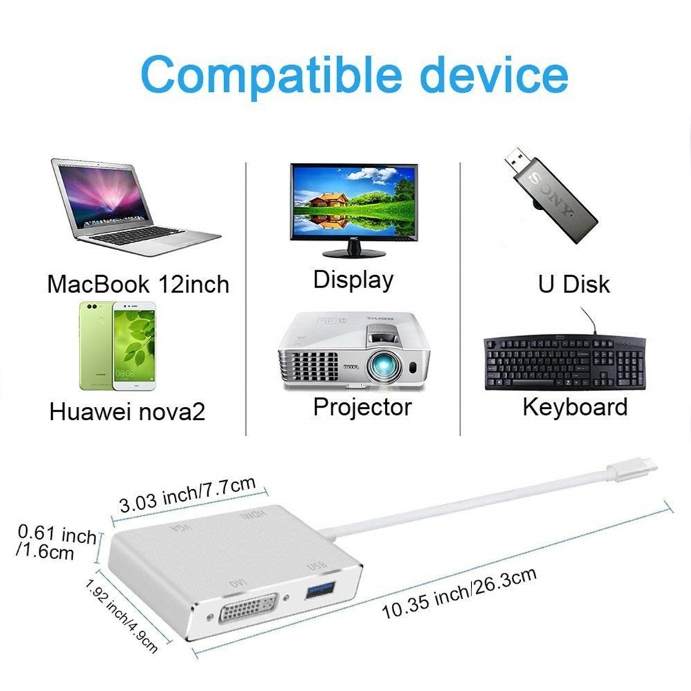 Cáp Chuyển Đổi 4 Trong 1 Usb 3.1 Type C Sang Hdmi-Compatible Vga Dvi