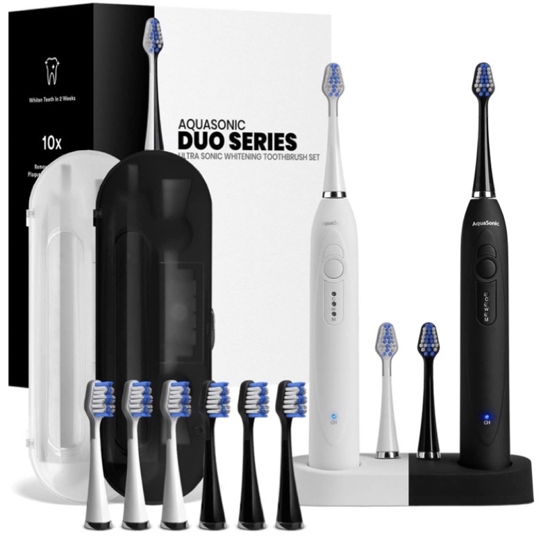 Set 2 Bàn chải điện AquaSonic DUO DUAL - siêu trắng răng- Chứng nhận ADA - sạc không dây- kèm 10 đầu chải USA