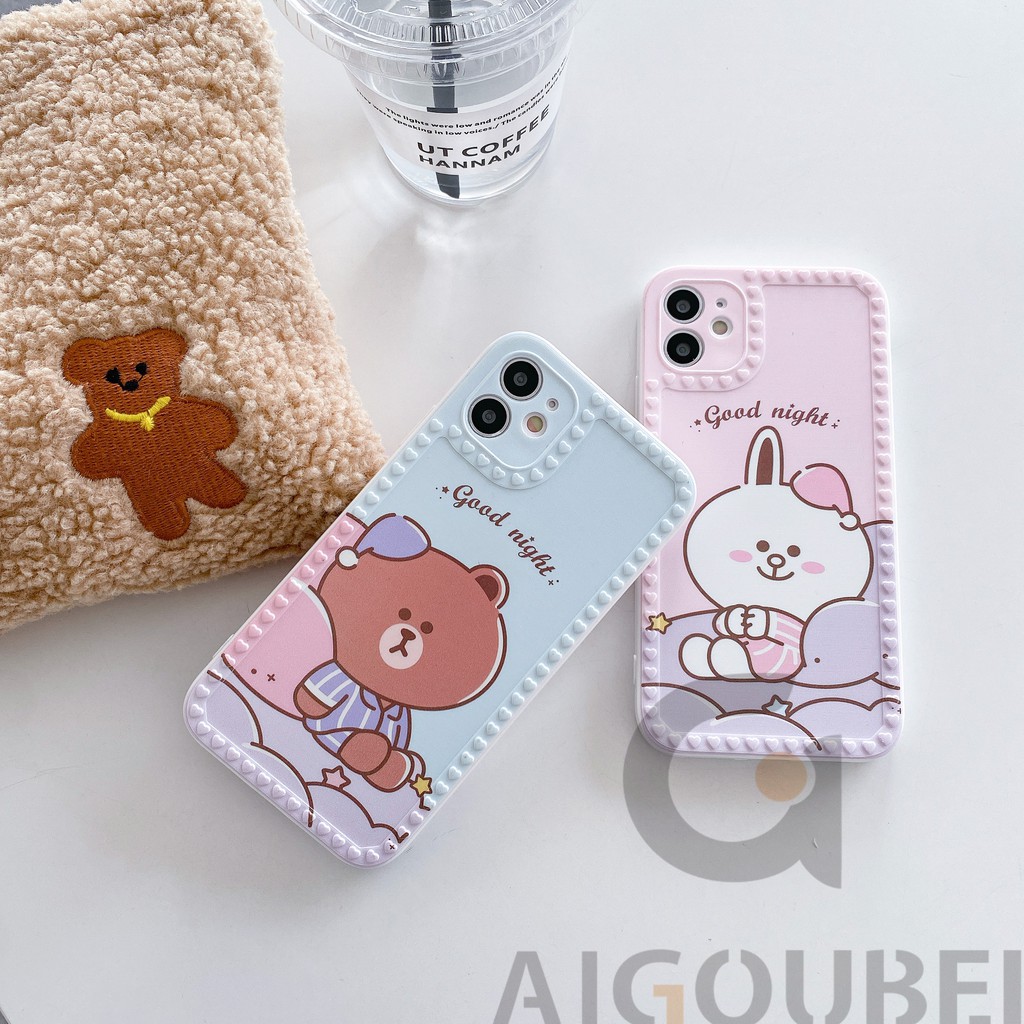 2021 Love Good Night Blue & Pink Bear Rabbit Cell Phone Case Cover 12 Pro Pro Max Mini 11Pro 11ProMax 7 8 7Plus 8Plus X XS XR XSmax Vỏ mềm mờ
