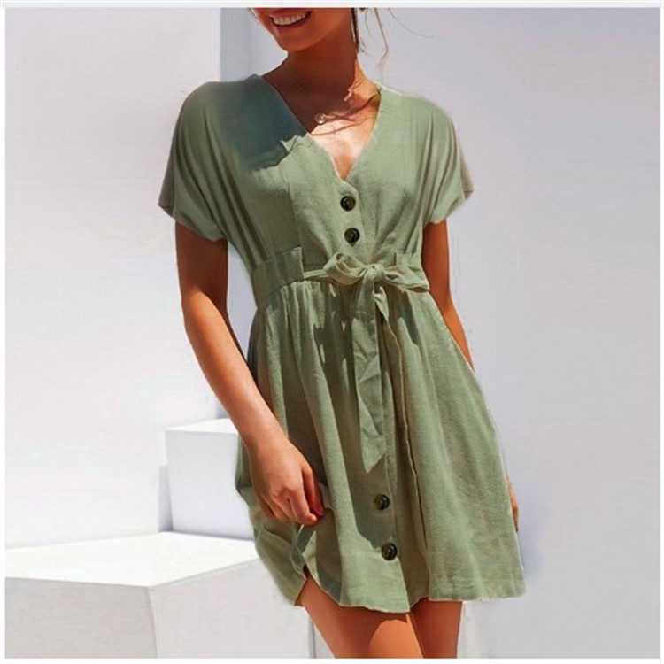 fashion women slim plain button v neck belt short sleeve summer street dress
