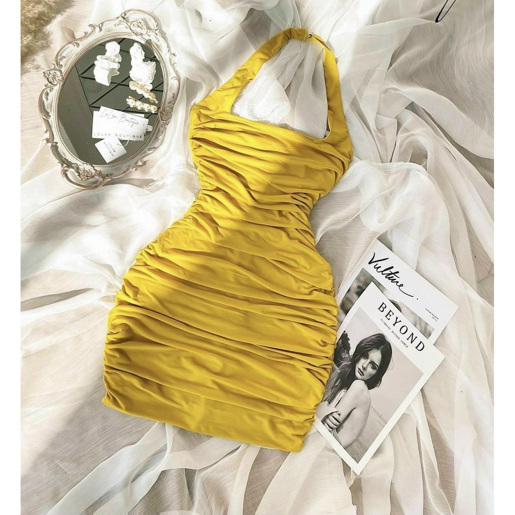 đầm thun borip cổ yếm nhún thân dáng ôm thời trang nữ sexy kèm màu thật trải sàn ls099