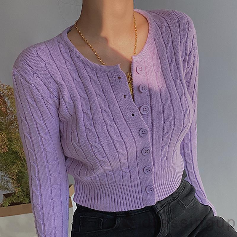 Áo cardigan dệt kim tay dài màu trơn cổ tròn thời trang cho nữ