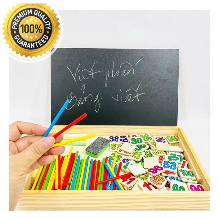 Hộp que tính kèm 100 số gỗ học toán kèm bảng viết cho bé - đồ chơi Montessori