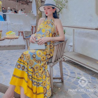 váy yếm maxi họa tiết thổ cẩm chất tơ lụa mềm mại