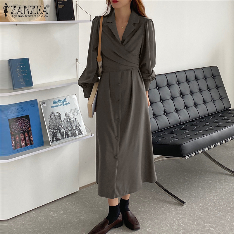 Váy Maxi ZANZEA Tay Phồng Cổ Tim Màu Trơn Kiểu Dáng Thanh Lịch Dành Cho Nữ | BigBuy360 - bigbuy360.vn